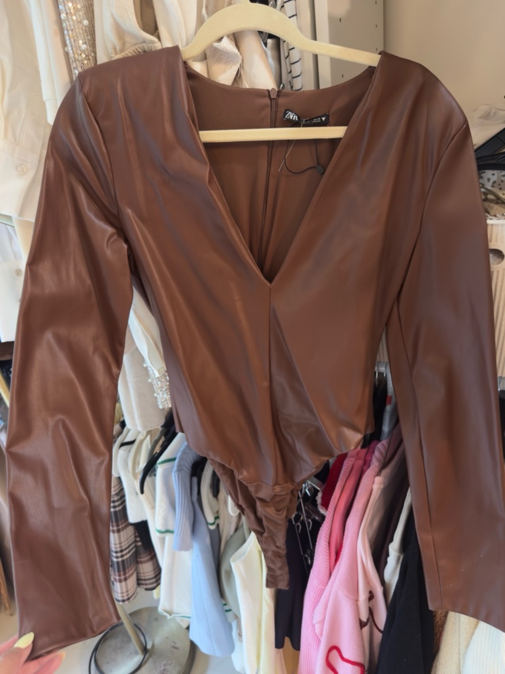 Zara Chocolate Brown Faux Leather Bodysuit